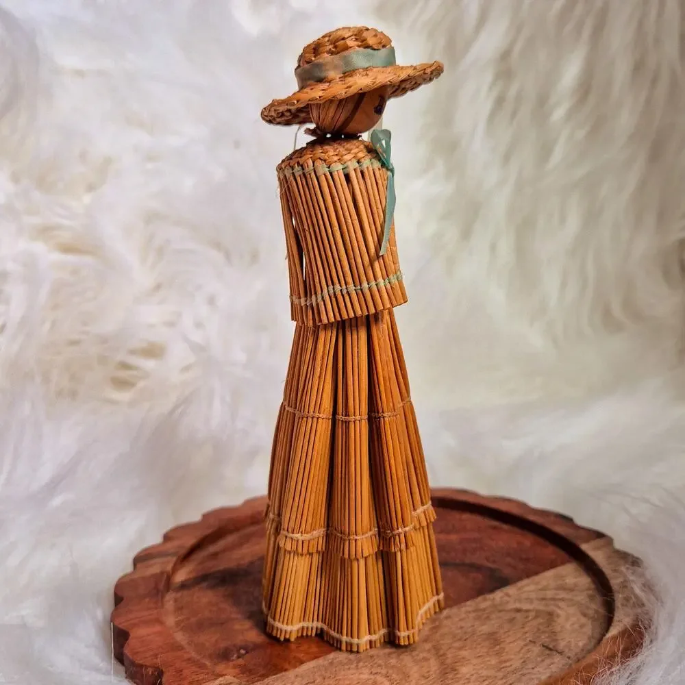 Straw Doll Figurine Woman in Dress Hat Shawl Hand Painted Folk Art Decor